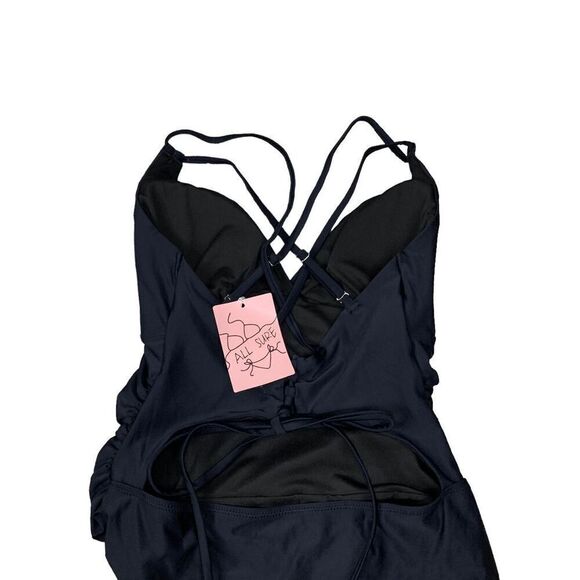 All Sure Women's size Large Black Halter Ruched waist One piece swimsuit - Picture 6 of 10